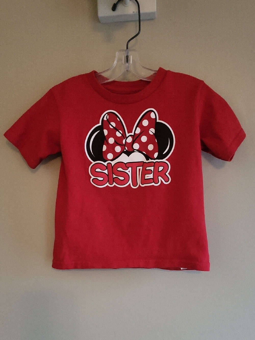 Red 'Sister' Minnie bow graphic tee shirt